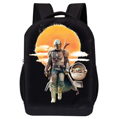 Black Backpack - 18-Inch Air Mesh Padded Bag with Mandalorian Design (Mando Child and the Sun)