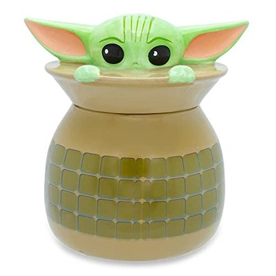 The Mandalorian The Child Grogu Baby Yoda Hiding and Peeking Sculpted 3D Hand Painted Ceramic Snack Jar (Small)