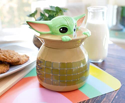 The Mandalorian The Child Grogu Baby Yoda Hiding and Peeking Sculpted 3D Hand Painted Ceramic Snack Jar (Small)