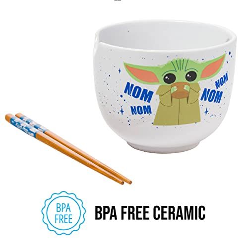 Mandalorian Baby Yoda Grogu Ceramic Ramen Bowl - 20 oz with Chopsticks, Microwave Safe