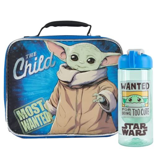 Disney Baby Yoda Mandalorian Lunch Box with Water Bottle Set - Kids Soft Insulated Lunch Bag for Girls and Boys