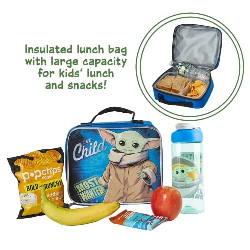 Disney Baby Yoda Mandalorian Lunch Box with Water Bottle Set - Kids Soft Insulated Lunch Bag for Girls and Boys