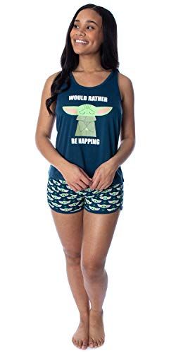 Women's The Mandalorian Baby Yoda Rather Be Napping Racerback Tank and Shorts Loungewear Pajama Set (Large) - Blue