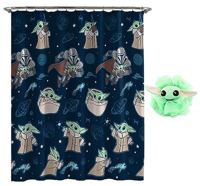 2-Piece Bathroom Set - Grogu’s Galaxy Shower Curtain & Baby Yoda Loofah Body Scrubber, The Mandalorian