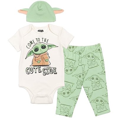 Newborn Baby Boys Bodysuit Pants and Hat 3 Piece Outfit Set - Newborn, The Mandalorian