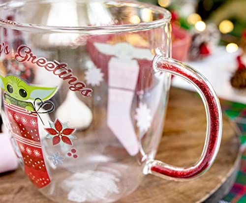 Grogu Holiday Glitter Handle Glass Mug 14 Ounces The Mandalorian