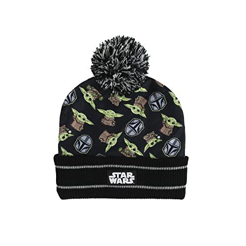 All Over Print Boy's Cuff Beanie & Gloves Set - Black, Mandalorian Grogu