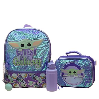 Baby Yoda Girls' 4 Piece Backpack Set, The Mandalorian, Purple