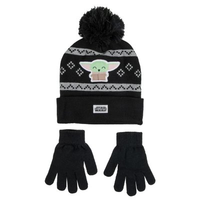 Chibi Grogu Boy's Cuff Beanie & Gloves Set - Mandalorian, Black