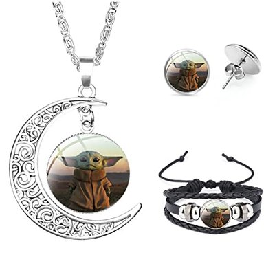 Moon Pendant Baby Yoda Jewelry Set, Mandalorian Necklaces, Bracelets, Earrings