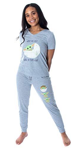 Women's Loungewear Pajama Set The Mandalorian Baby Yoda Wake Up Face Shirt and Jogger Pants 2 Piece Medium Grey
