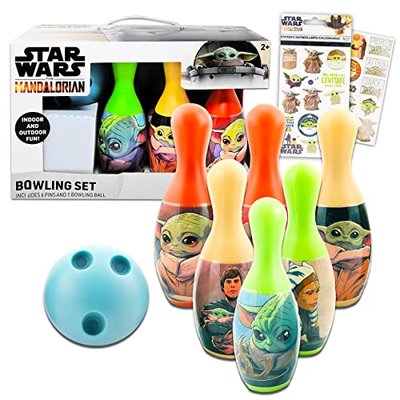 Mandalorian Baby Yoda Bowling Outdoor Game Bundle - Bowling Set Plus Mandalorian Stickers